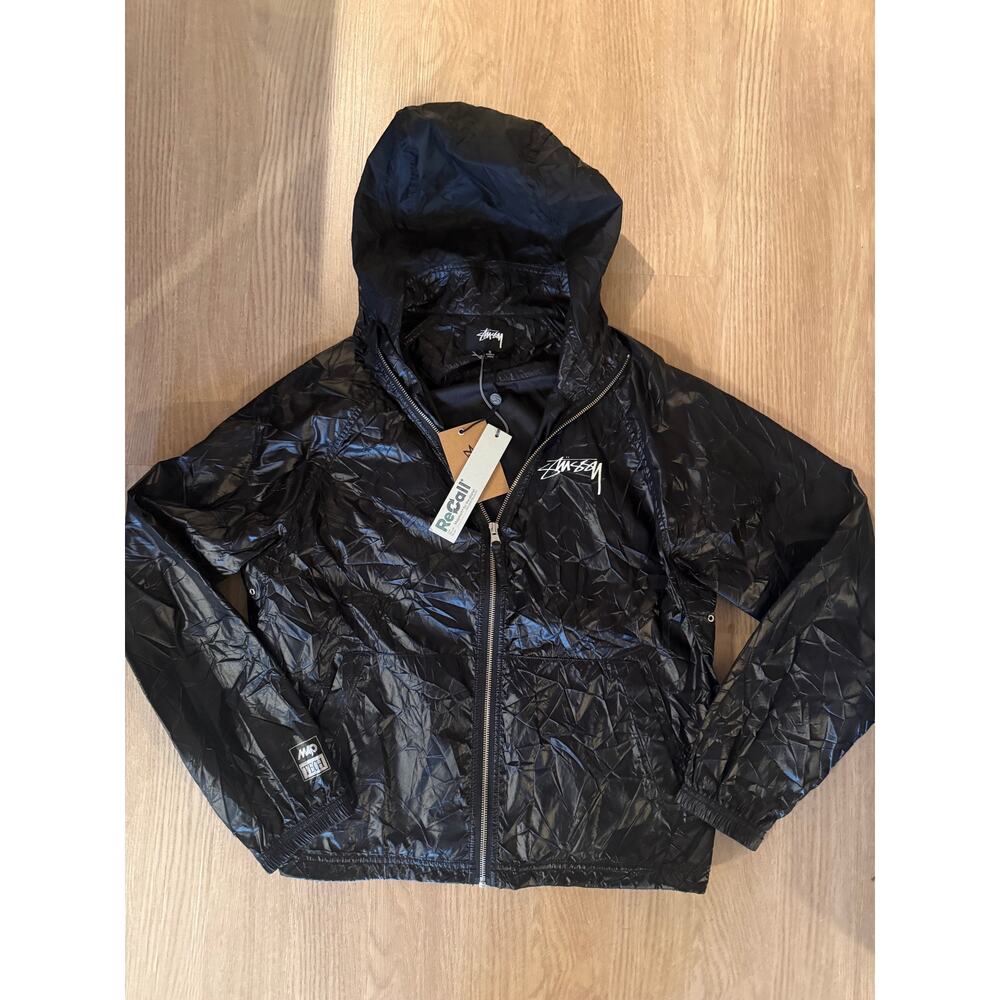 Stüssy Beach Shell Wrinkled Black Nylon Rain Jacket NWT
